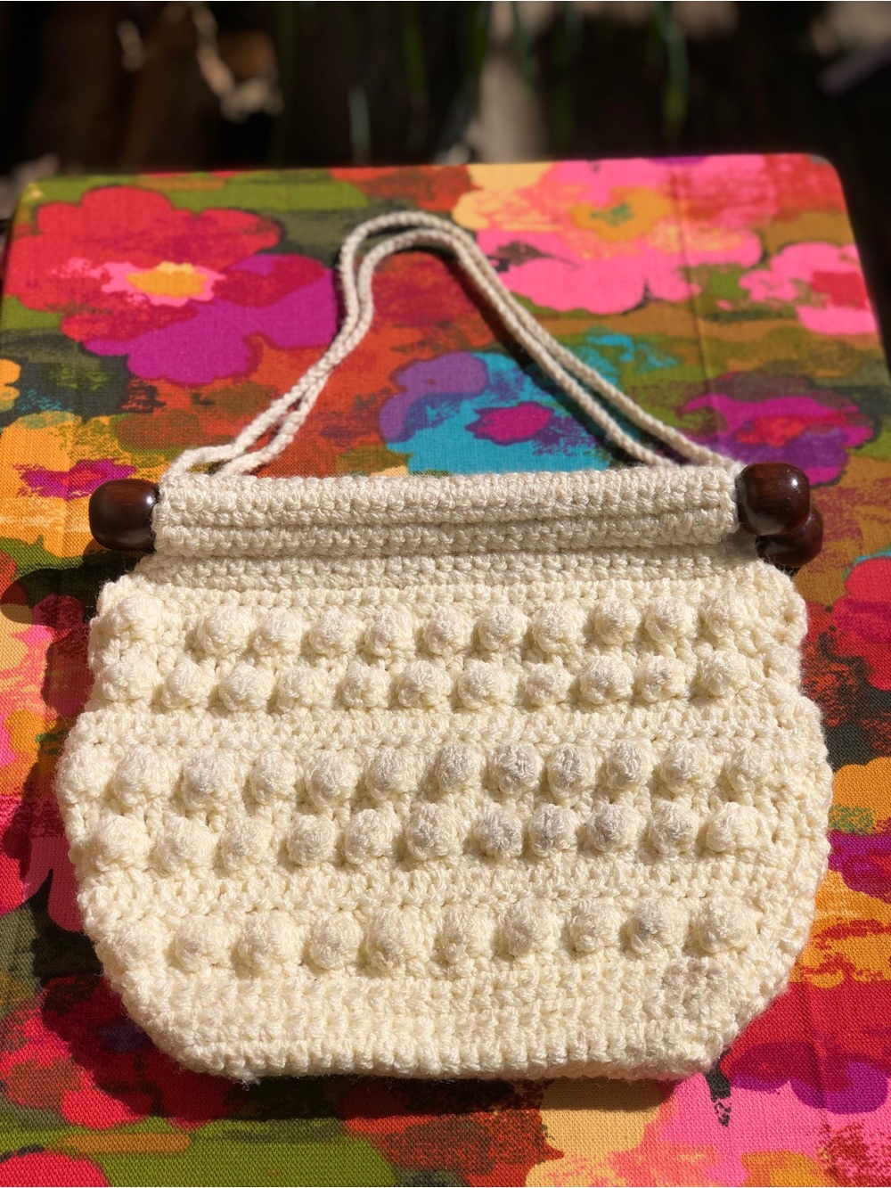 Vintage 70s Cream Macrame Knit Purse, Wood Handles, Boho Handbag